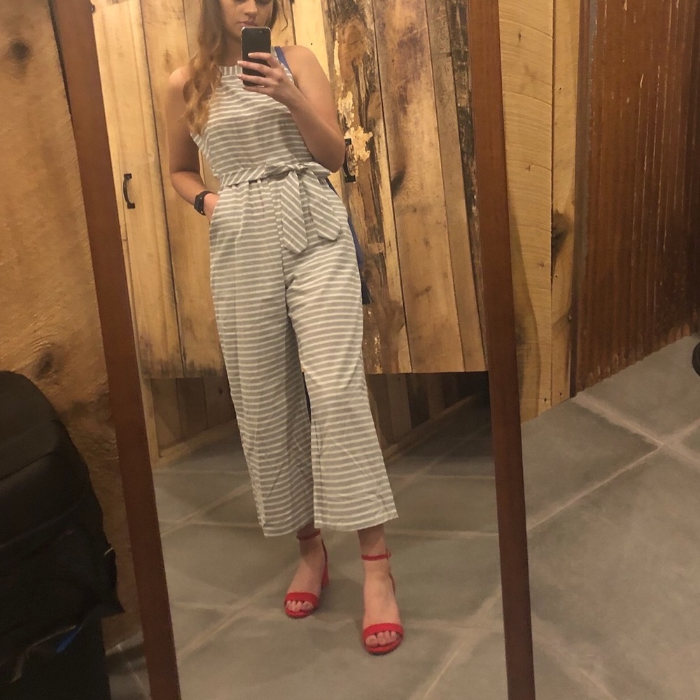 Gray and white striped romper